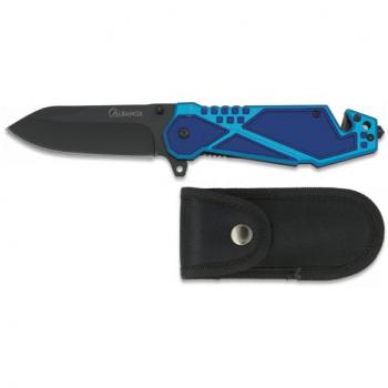 Navaja táctica azul Albainox con mango de aluminio engomado, hoja de acero inoxidable de 8,6 cm y punta rompevidrio