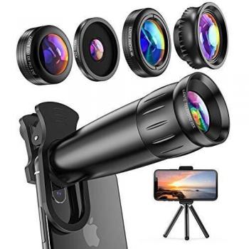 LIERONT Lentes para Teléfono Móvil, 10 en 1 Kit con 25X Teleobjetivo, Ojo De Pez Movil, 0.65X Gran Angular, 25X Macro, Versión Actualizada Lentes BLU-Ray para Mejor Resolución, Universal iOS Android