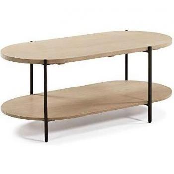 Kave Home - Mesa de Centro Palmia Ovalada 110 x 55 cm con Dos Sobres de Madera Maciza de Mango y Patas de Metal en Negro