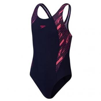 Speedo Traje de Baño Hyperboom Splice Muscleback para Niñas, Resistente al Cloro, Entrenamiento de Natación, Azul Marino/Rosa eléctrico/Rosa Fandango, Talla 9-10 años