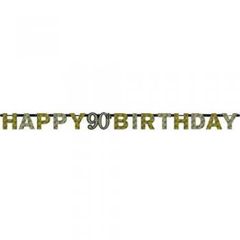 amscan 9901726 90th Happy Birthday Carta Prismática Banner dorado brillante 2,13 m x 17 cm, 1 unidad, 90 unidades