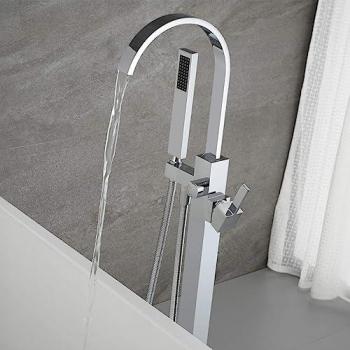 Grifo de diseño de pie SKY con salida tipo cascada, acero inoxidable, incluye ducha manual y manguera flexible