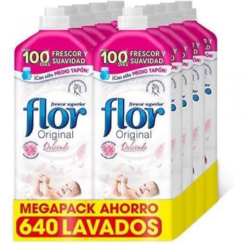 Flor Original Delicado, Suavizante para la Ropa concentrado, Apto para pieles sensibles - Pack De 8, Hasta 640 Dosis