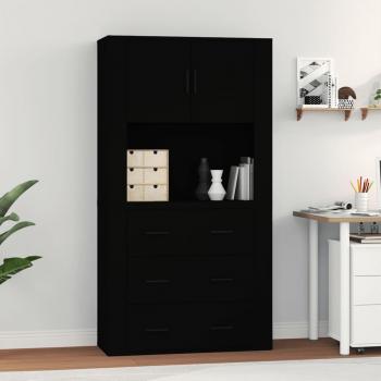 Aparador Alto Moderno de Madera Contrachapada Negra con Puertas y Cajón para Almacenaje en Salón