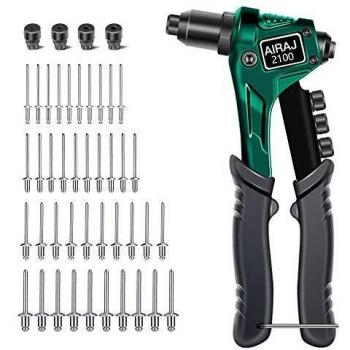 Pistola remachadora, remachadora manual AIRAJ 4 en 1 que ahorra mano de obra Incluye remaches de 100 piezas y 4 boquillas reemplazables para metal, madera y plástico.