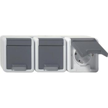 Gira 478930 Grey SCHUKO Triple Socket Outlet with Flip Cover IP44