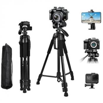 Trípode Profesional de Aluminio 170cm Portátil con Soporte para Teléfono y Cabezal Giratorio 360º para Cámaras DSLR Sony, Nikon y Canon
