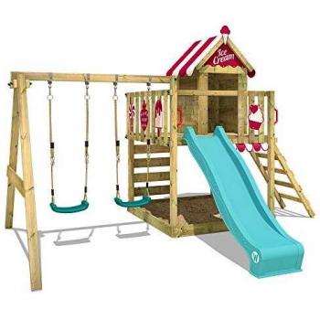 Parque Infantil de Madera Smart Candy con Columpio, Tobogán, Casa de Juegos, Arenero y Escalera - Turquesa