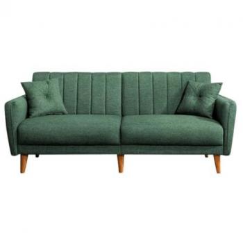Sofá cama de 3 plazas en lino verde con 2 cojines y patas de madera natural - L210 cm
