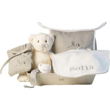 Canastilla Bebé de París gris con babero y chupete personalizables y complementos para recién nacido