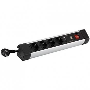 Regleta Múltiple 4 Tomas 16A 250V + 3 USB, Aluminio y Negro, con Soportes de Fijación y Cable de 1.5m