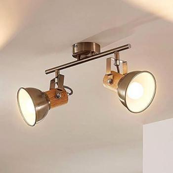 Plafón de techo moderno Lindby Dennis con 2 luces E14, acabado en gris y madera, apto para cocina