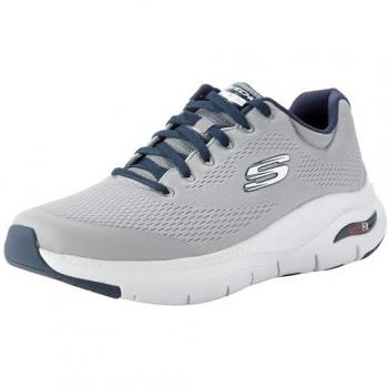 Zapatillas Skechers Arch Fit Gris Claro Oscuro con Detalles en Azul Marino - Talla 45