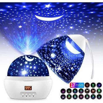 Lampara Proyector Estrellas Infantil, 360°Rotación LED Pantalla Lámpara con 17 Modos Color 5-995 Minutos Temporizador Automático Lampara Niños Dormir, para Navidad, Halloween, Cumpleaños