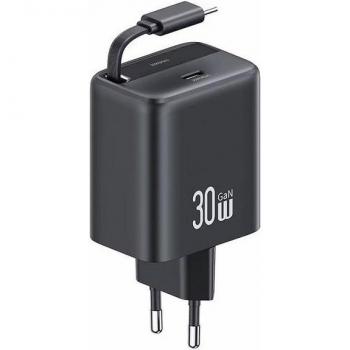 Cargador USB-C Retráctil 30W PD+QC Gan Rápido Negro