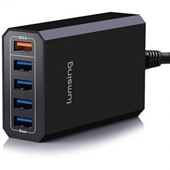 Lumsing® Cargador de escritorio USB multipuerto Quick Charge 2.0 40W, Cargador de mesa con carga rápida, 1 puerto QC2.0 + 4 Puerto con Smart IC Technology para iPhone, Samsung, y otros dispositivos USB