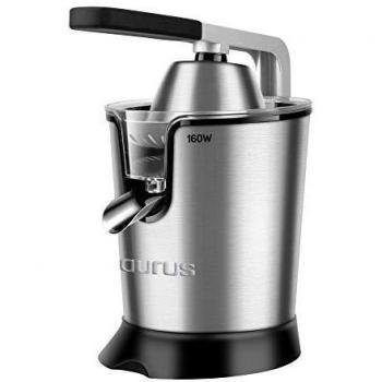 Taurus Easy Press 160W Exprimidor eléctrico de Palanca, 2 Conos para Todos los cítricos, Acero Inoxidable y Filtro con regulador de Pulpa Ajustable, 650 ml, Plata y Negro