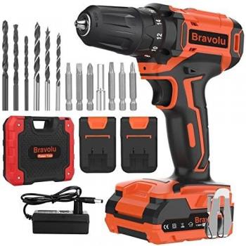 Taladro Atornillador, Bravolu 21V Taladro Destornillador Inalámbrico con 2 Baterías de 1500 mAH, Torque 18 + 3 Embrague 3/8 Portabrocas sin llave 2 Velocidad Variable para Perforar Madera y Metal