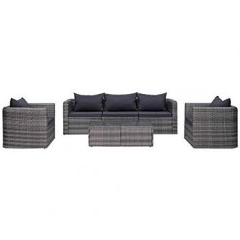 vidaXL 6-Piece Grey Poly Rattan Garden Sofa Set with Cushions and Pillows