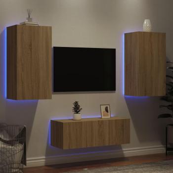 Muebles TV pared con LED 4 piezas madera ingeniería roble Sonoma Marrón