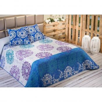 Algodón Blanco Benisa - Colcha bouti estampada, para cama de 150 cm, 250 x 270 cm, 2 fundas de cojín, 60 x 60 cm, color azul