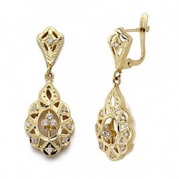 Pendientes Largos de Oro 18k con Piedras Cubanas y Cierre Catalán - Elegantes y de Alta Calidad
