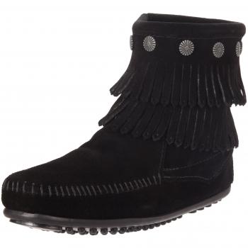 Minnetonka Women's Double Fringe Side Zip Black Boot 6 M