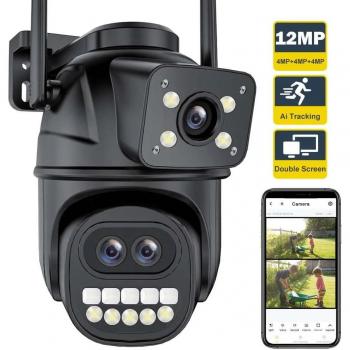 Cámara IP WiFi 12MP 6K para exteriores con tres lentes, pantallas duales, zoom 8X, CCTV PTZ, seguimiento automático y protección de seguridad