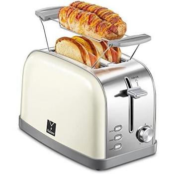 Yabano Tostador de Acero Inoxidable, 2 Ranuras Anchas para 2 Rebanadas de Pan de 900 W, 7 Posiciones de Tostado con Función Stop y Bandeja Recogemigas, Apto para Todo Tipo de Pan