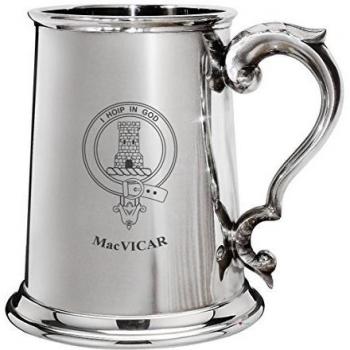 MacVicar Family Crest Polished Pewter 1 Pint Tankard with Scroll handle
