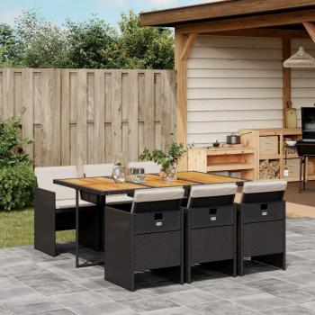 7 Piece Black Poly Rattan Garden Dining Set with Cushions