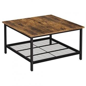 Mesa de Centro Industrial Cuadrada 80x80 cm, Estructura Robusta de Acero con Estante de Malla, Marrón y Negro
