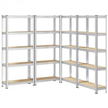 Estanterías de Almacenamiento de 5 Niveles, 4 Piezas, Acero Plateado y Madera Compuesta