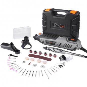 Amoladora Eléctrica, Tacklife-RTD36AC Herramienta Rotativa 200W con 63 accesorios y 4 juntos, Dial de 6 velocidades ideal para grabado, corte, pulido, lijado, taladrado