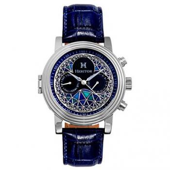Heritor Men's Automatic Legacy Leather-Band Watch with Day/Date - Silver/Blue