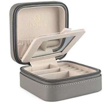 Vlando - Joyero pequeño de viaje de piel sintética. Caja organizadora de anillos, pendientes y collares, con espejo, Gris, Grey