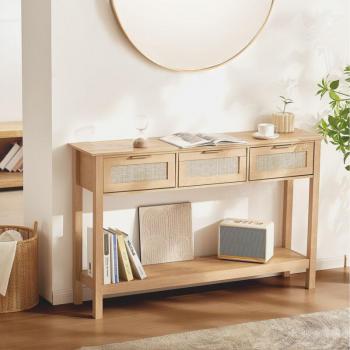 Vevor Rattan Console Table with 3 Storage Drawers and Sliding Door for Entryway and Living Room