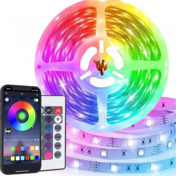 Tira LED RGB 5050 de 5 metros con brillo ajustable, ritmo controlable y compatibilidad con APP y control remoto