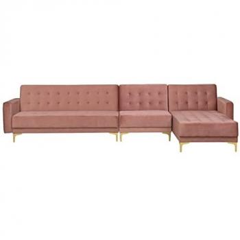 Sofá Esquinero Modular Rosa Terciopelo Acolchado de 5 Plazas con Función Cama y Chaise Longue Izquierda