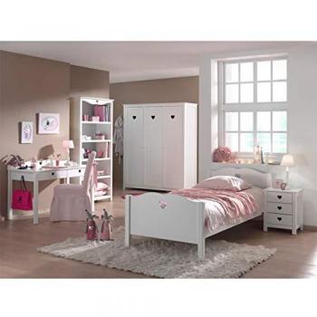 Conjunto de Dormitorio Infantil Vipack Amori - Cama 90x200, Mesita de Noche con 3 Cajones, Armario de 3 Puertas y Escritorio en Blanco
