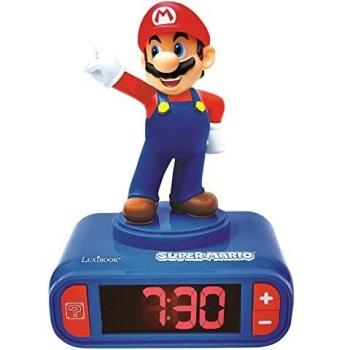 LEXIBOOK- Nintendo Super Mario - Reloj Despertador con Pantalla LCD Digital, quitamiedos niño, Azul/Roja, Multicolor