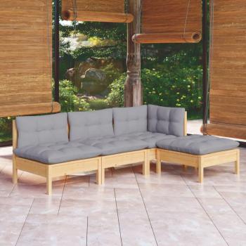 4-Piece Pinewood Garden Lounge Set with Grey Cushions