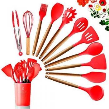 DOPGL Juego de 11 utensilios de cocina de silicona, resistentes al calor, mango de madera, sin BPA, no tóxico, espátula, espátula, cuchara, utensilios de cocina antiadherentes Rojo