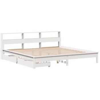 Cama librería sin colchón 200x200 cm madera de pino blanca con estantería, muebles de dormitorio