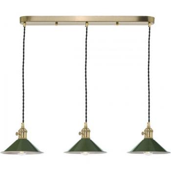 Lámpara colgante Hadano de latón natural con 3 bombillas y longitud de 117 cm, pantallas de cúpula verde oliva