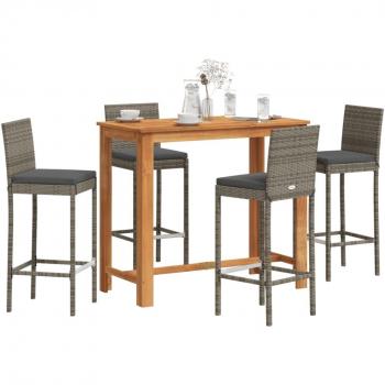 Set de Bar de Jardín 5 Piezas de Madera Maciza Gris Acacia y Polyrattan
