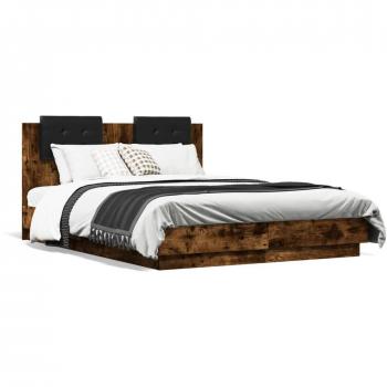 Cama solar con cabecero y luces LED en roble ahumado 135x190 cm