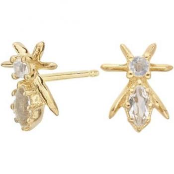 Pendientes de plata chapado en oro con piedra luna y cristal de roca