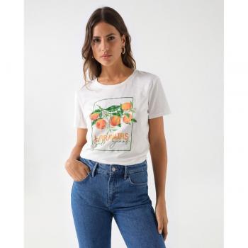 Camiseta Estampada Manga Corta con Motivo Floral en Color Blanco