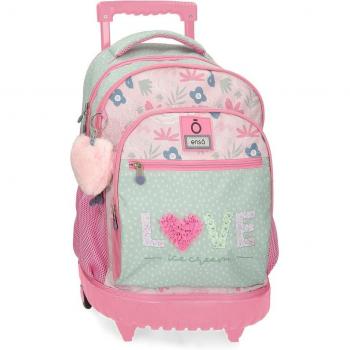 Mochila con ruedas Enso Love ice cream para niña con bolsillos laterales y diseño de helados, fabricada en Poliéster color verde de 33x44x21 cm.